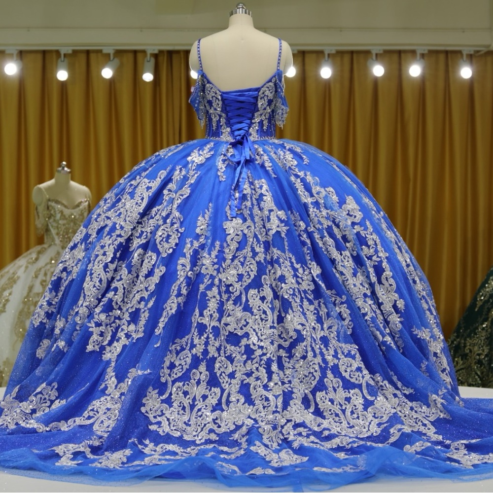 Royal Blue and White Lace Prom Dress